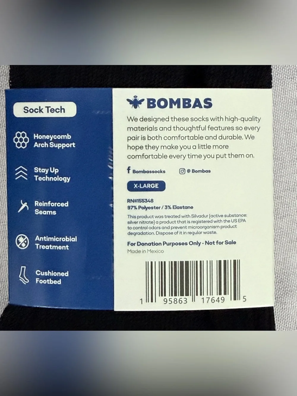 Bombas (Set of 3 Pair)Black Calf Athletic Socks with Gray Stripes & Bee XL NWT